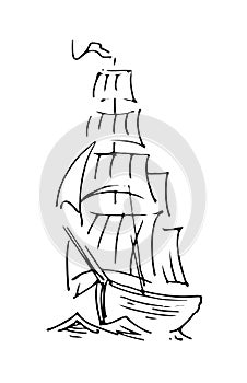 Sailboat floats on waves. Big ship. Front view. Outline sketch. Hand drawing isolated on white background. Vector