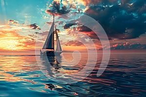 sailboat gently gliding across the calm waters, its sails billowing in the gentle breeze