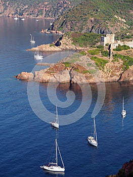 Sailboat and Girolata genovese fort photo