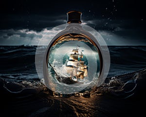 Sailboat in glass bottle souvenir. Ship in the bottle. Generative AI