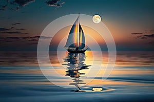a sailboat gliding across a calm blue sea, the sun setting behind it