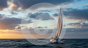 Sailboat Gliding Through Waves at Sunset with Dramatic Clouds in the Ocean