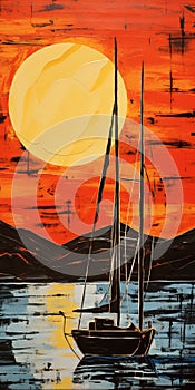 Sailboat Sunset Painting: Dark Orange And Black Abstract Whispers photo