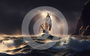 Sailboat on high waves In the scary sea Sea waves in a violent storm Ship in the ocean