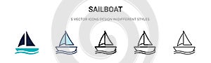 Sailboat icon in filled, thin line, outline and stroke style. Vector illustration of two colored and black sailboat vector icons