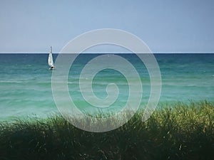 Sailboat on Lake Michigan. Copy space.