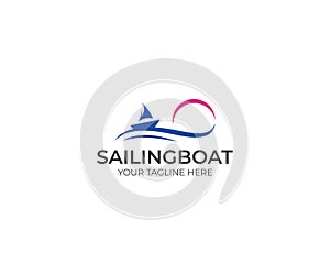 Sailboat logo template. Sunset and waves vector design