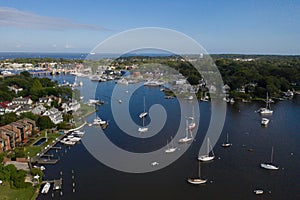 Sailboat moorings and docks on azure blue Spa Creek, in historic downtown Annapolis