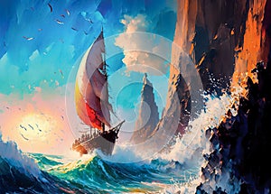 Sailboat near the rocks at the sunset, sailing ship in ocean at sea storm, digital painting