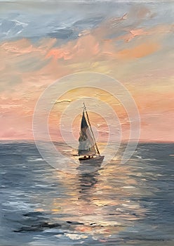 Sailboat at Ocean Sunset: A Romantic, Simple Path Traced in the