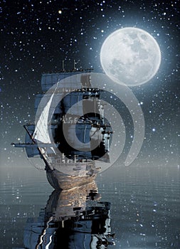 Sailboat on peaceful sea under the Moon