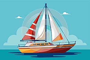 A sailboat peacefully glides on the ocean under the bright sun on a clear day, Sail boat Customizable Semi Flat Illustration