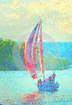 A sailboat with red sails