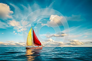Sailboat with red and yellow sails in the sea, blue sky and cloud, gemerative AI