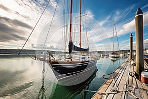 sailboat, resting on the water with sails furled, in tranquil marina