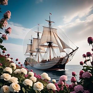 Sailboat and roses in the garden.