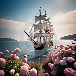 Sailboat and roses in the garden.