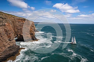 sailboat rounding the point, with dramatic cliff and ocean in the background