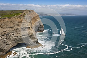 sailboat rounding the point, with dramatic cliff and ocean in the background