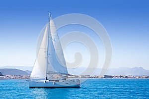 Sailboat sailing in Mediterranean sea in Denia