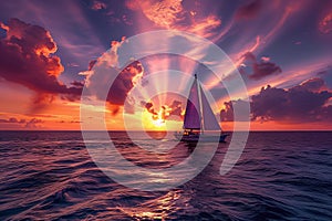 Sailboat is sailing on ocean at sunset with colorful sky. By generative Ai