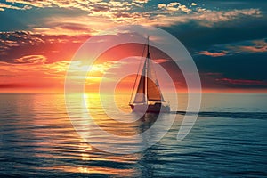 Sailboat sailing at sunset on calm sea.