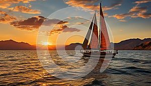 Sailboat sailing at sunset, nature beauty on tranquil seascape generated by AI