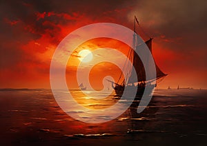 Sailboat Sailing at Sunset on the Ocean