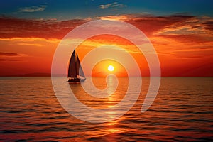 a sailboat sailing towards the horizon with sun setting behind it