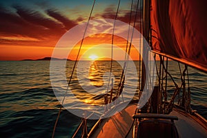 a sailboat sailing towards the horizon with sun setting behind it