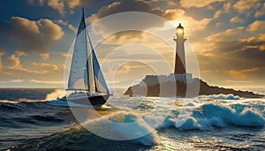 A sailboat is sailing towards rough waters. A lighthouse is in the background.