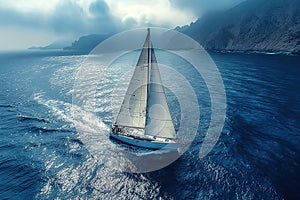 Sailboat sails on blue water ocean in a sailing race. Aerial top view above drone