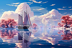 Sailboat sails on calm river in beautiful pink sunset.