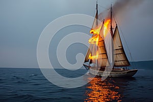 sailboat with sails on fire floating adrift