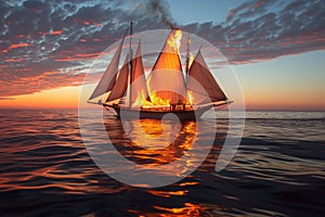 sailboat with sails on fire floating adrift