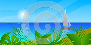 Sailboat in the sea, Sun Clouds Tropical island with beach and coconut palms, Tropical leaves, Vector illustration for