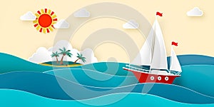 Sailboat in the sea. Sun, clouds, tropical island with a beach and coconut palms. Vector Paper cut