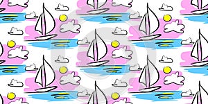 Sailboat ship sunset seamless colored background vector