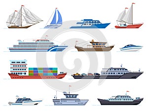 Sailboat ships. Sea transportation boats, cargo ship, yacht, sailing boat, speed boat and ocean cruise liner, sailboats