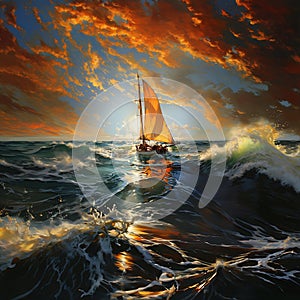 Sailboat on a stormy ocean at sunset: an amazing, exquisite Russ