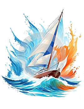 Sailboat in stormy sea with big waves, flat sticker illustration isolated on white