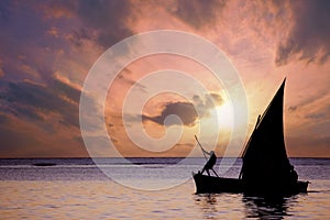 Sailboat at sunset in Mauritius island
