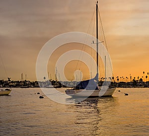 Sailboat at Sunset, Newport Bay, California