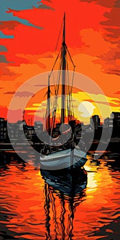 Sailboat At Sunset: Pop Art Illustration Of Olson 25 In Portland Harbor