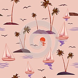 Sailboat tropical island, sunset, palms seamless pattern, vector illustration