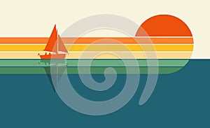 A sailboat and two passengers are seen in front of a colorful graphic sunset design