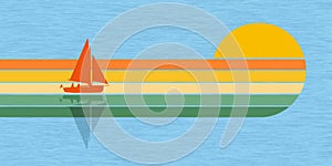 A sailboat and two passengers are seen in front of a colorful graphic sunset design