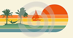 A sailboat and two passengers are seen in front of a colorful graphic sunset design and a girl in a hammock under palm trees