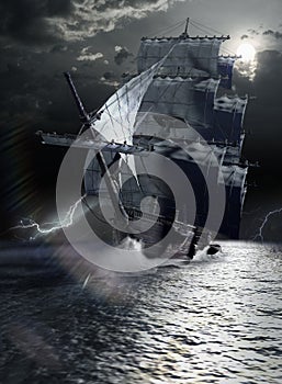 Ship under full Moon escaping from storm