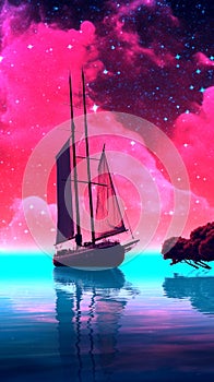 A sailboat under a pink sky